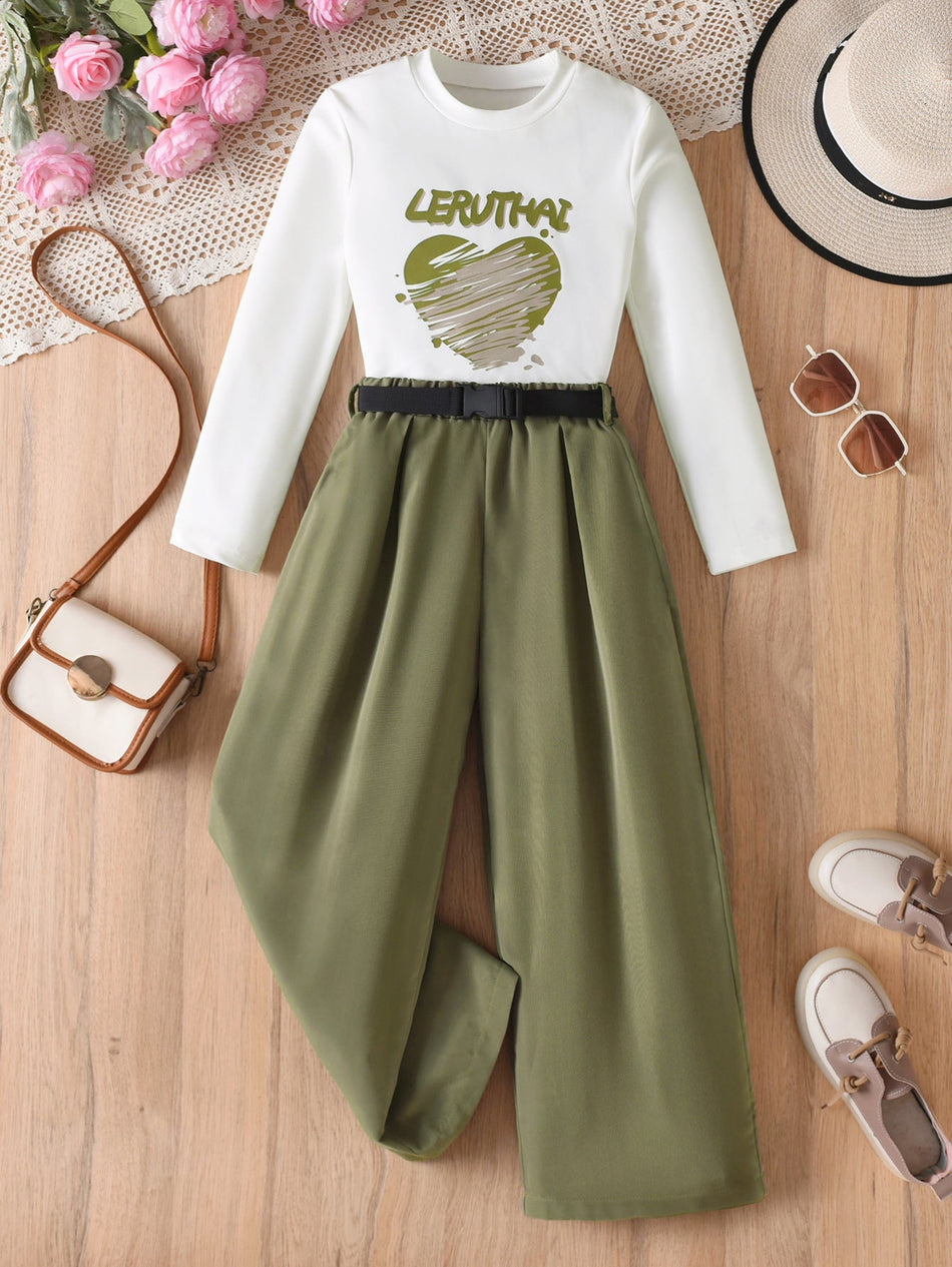 Girls Military Green Letter Print Pants Set Autumn Two-Piece Outfit