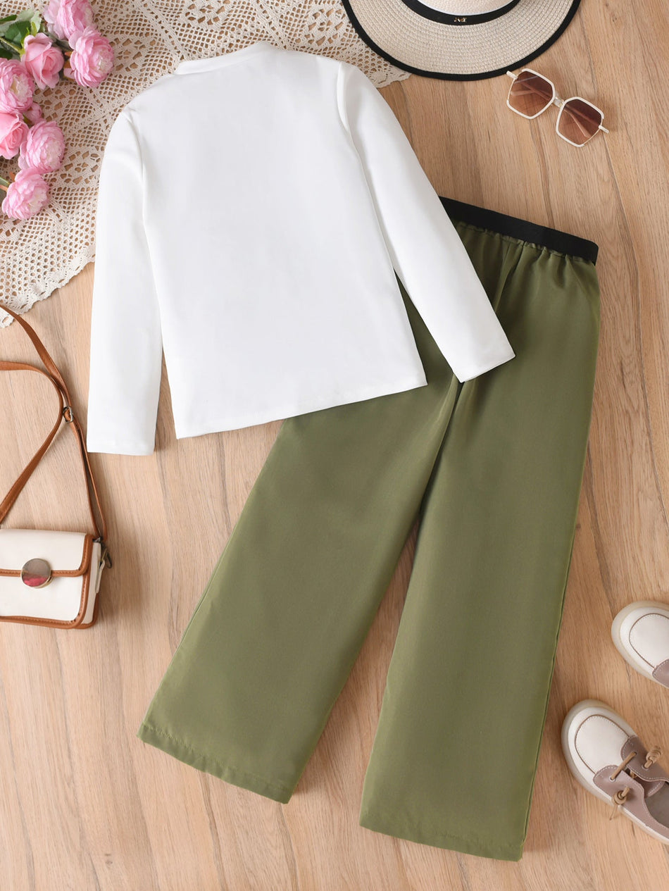 Girls Military Green Letter Print Pants Set Autumn Two-Piece