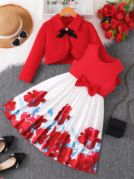 Girls Red Bow Jacket Vest Dress Set Two-Piece Summer Outfit