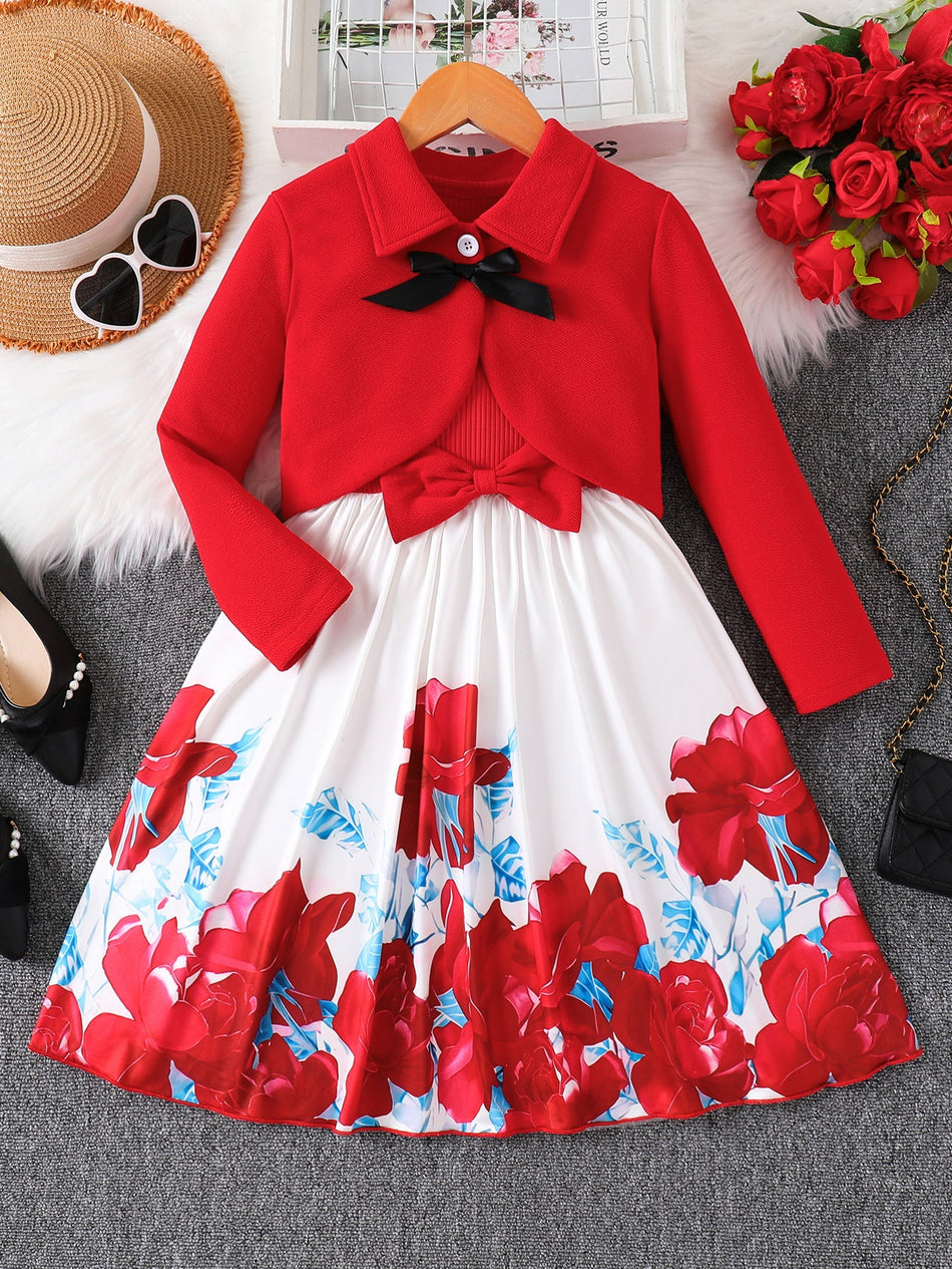 Girls Red Bow Jacket Vest Dress Set Two-Piece Summer Outfit