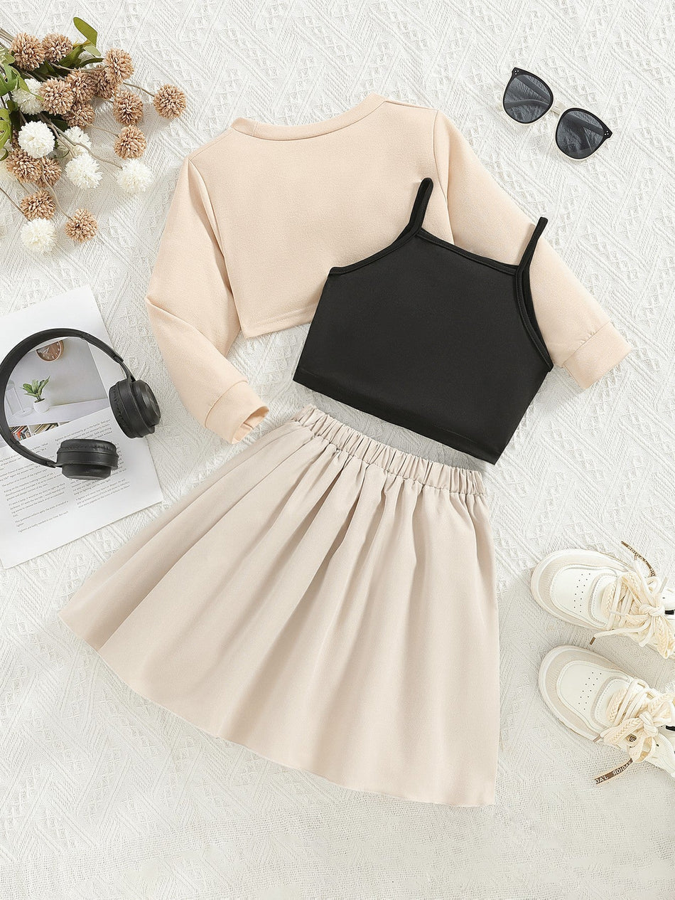 Girls Apricot Sport Three-Piece Sweatshirt Skirt Set