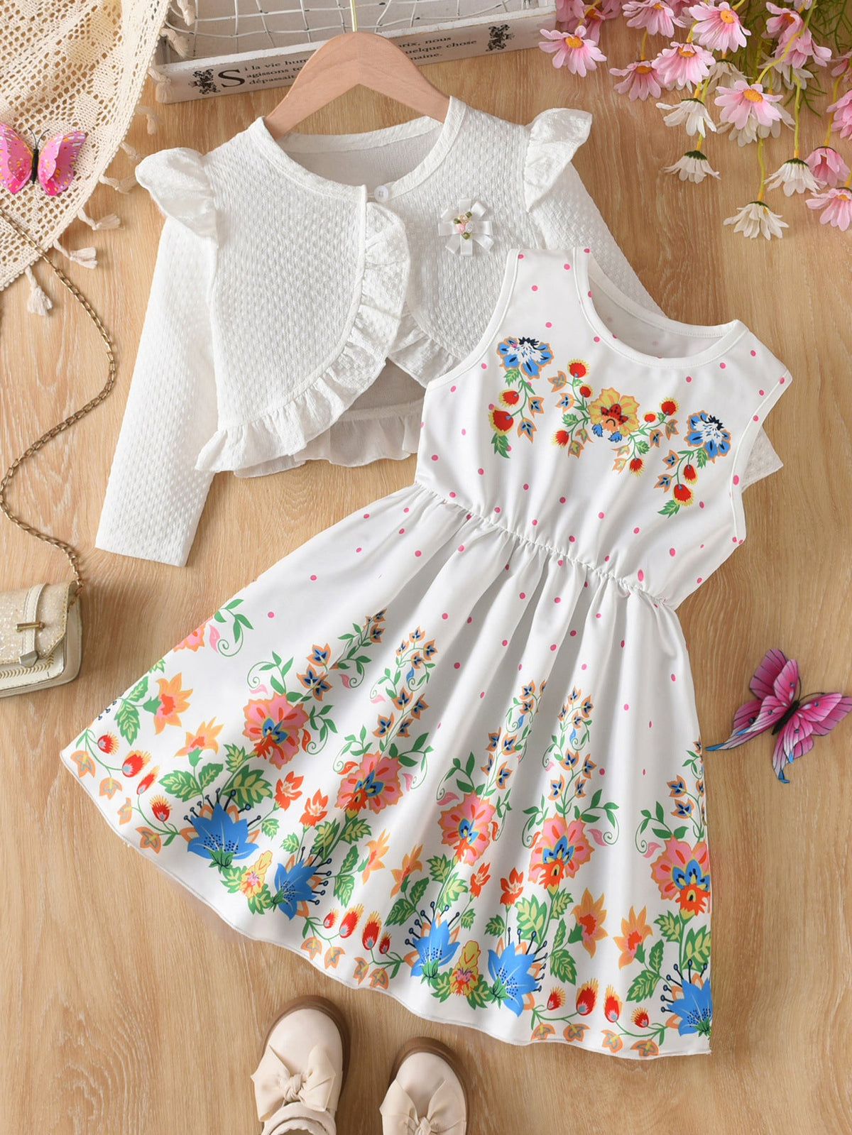Girls Floral Vest Dress Set A-Line Ruffle Two-Piece Outfit