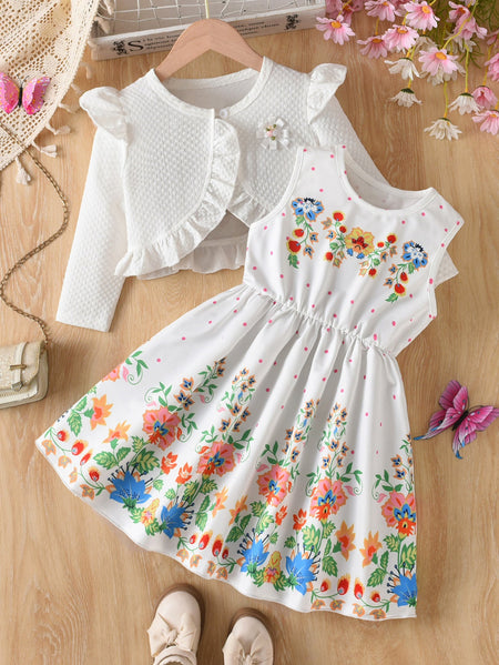 Girls Floral Vest Dress Set A-Line Ruffle Two-Piece Outfit