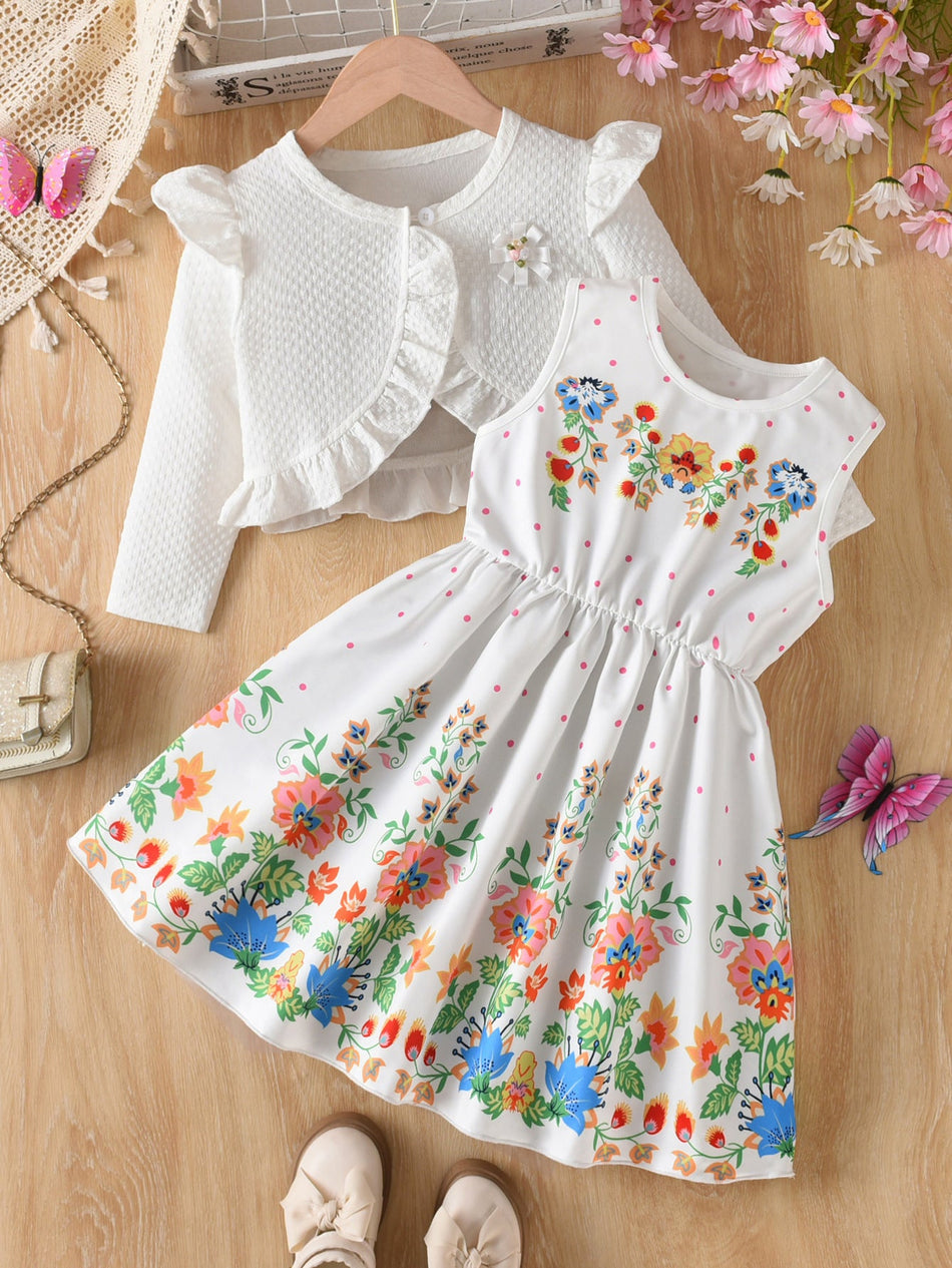 Girls Floral Vest Dress Set A-Line Ruffle Two-Piece Outfit