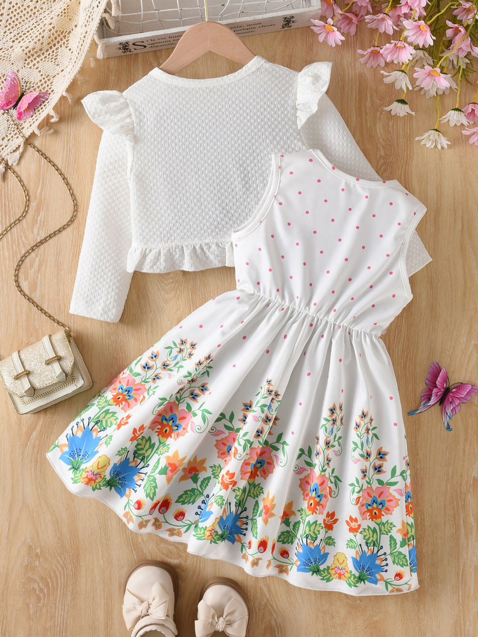 Girls Floral Vest Dress Set A-Line Ruffle Two-Piece Outfit