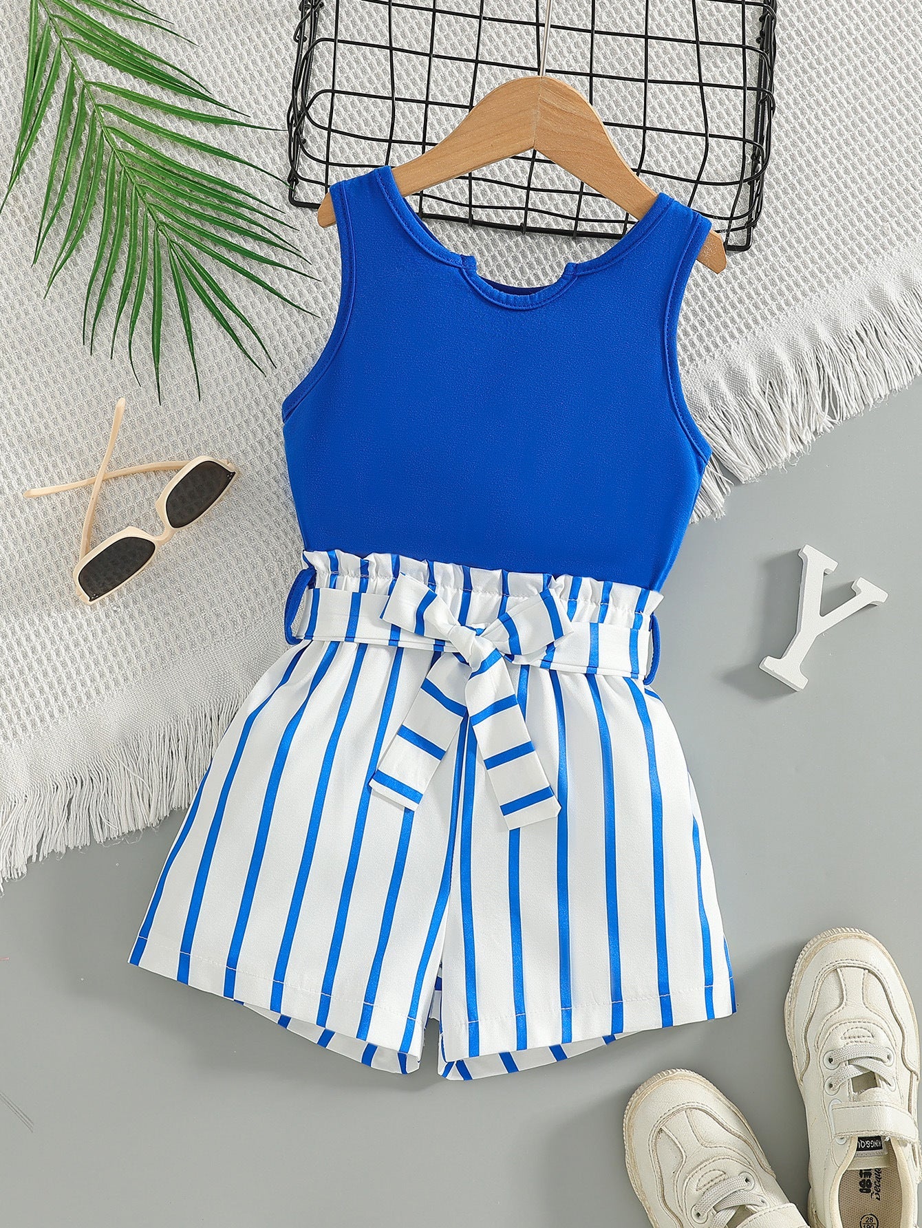 Girls Blue Vest Striped Shorts Set Summer Two-Piece Outfit