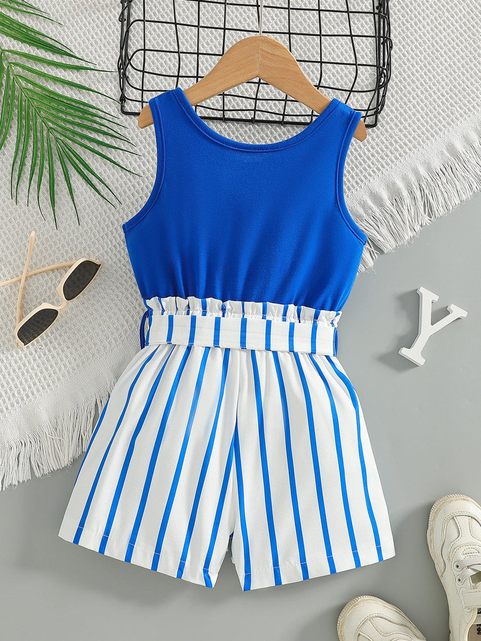 Girls Blue Vest Striped Shorts Set Summer Two-Piece Outfit