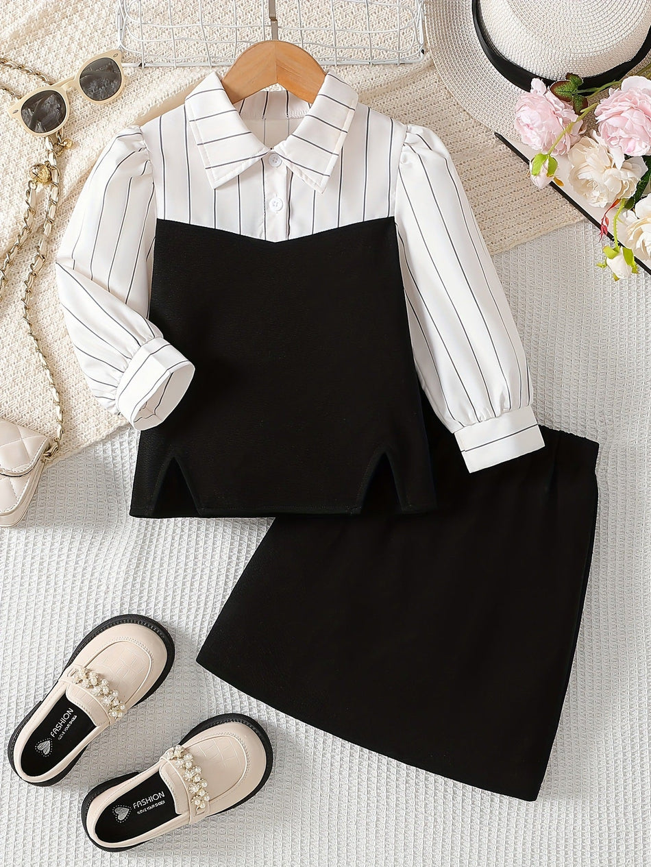 Girls Striped Shirt Dress Set Black White Two-Piece Outfit