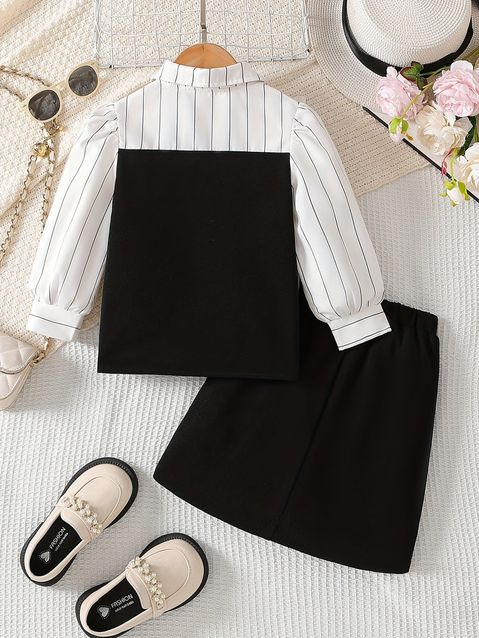 Girls Striped Shirt Dress Set Black White Two-Piece Outfit