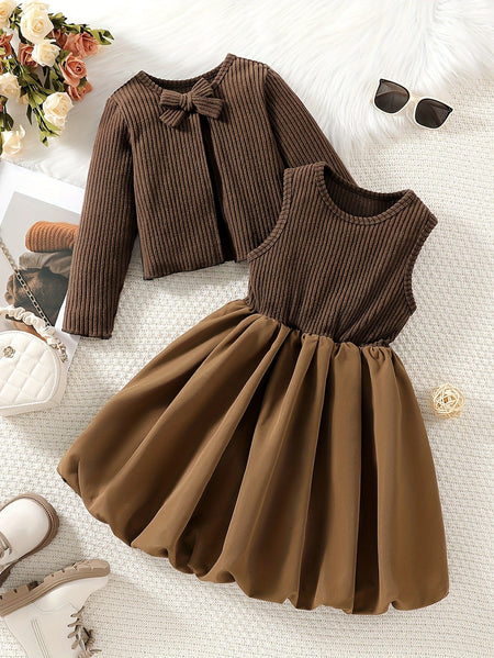 irls Corduroy Striped Jacket Vest Skirt Set Bow Outfit