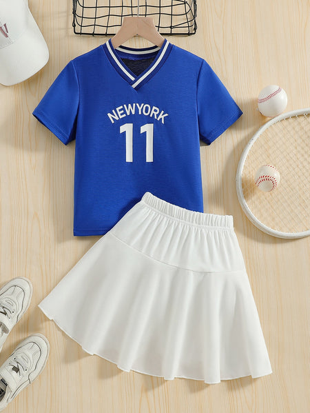 Girls Royal Blue Print V-Neck Skirt Set Two-Piece Summer Outfit