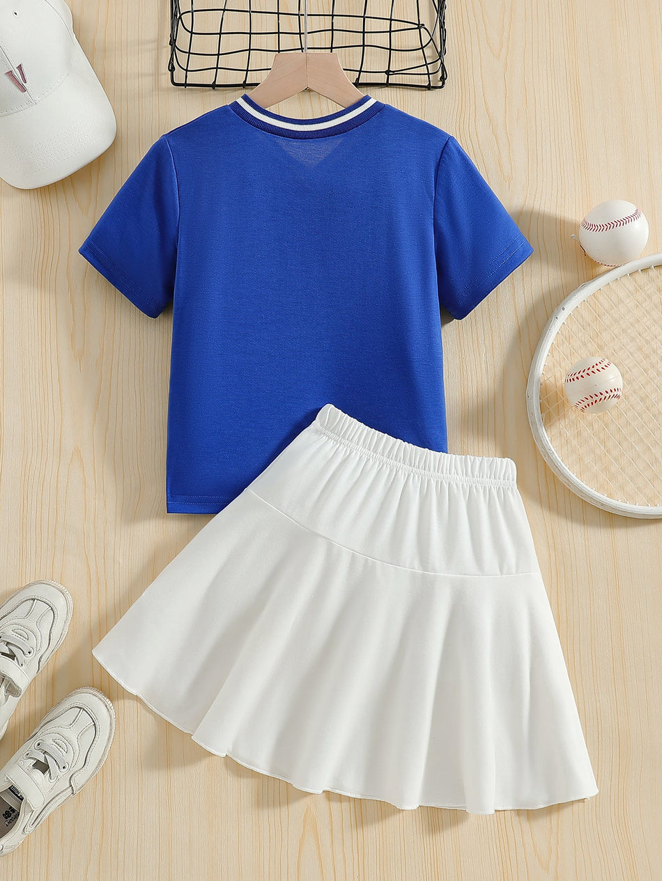 Girls Royal Blue Print V-Neck Skirt Set Two-Piece Summer Outfit