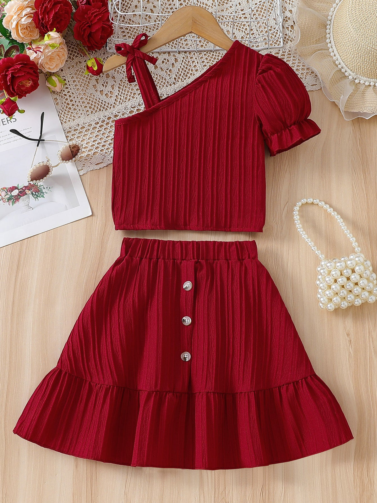 Girls Wine Red Slant Shoulder Strap Skirt Set Two-Piece Outfit