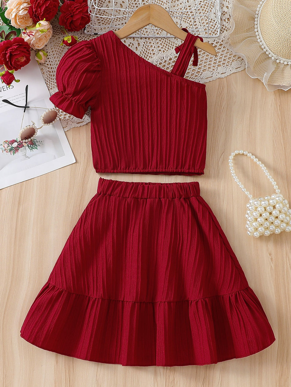 Girls Wine Red Slant Shoulder Strap Skirt Set Two-Piece Outfit