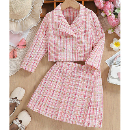 Girls Pink Plaid Tweed Style Skirt Suit Two-Piece Outfit