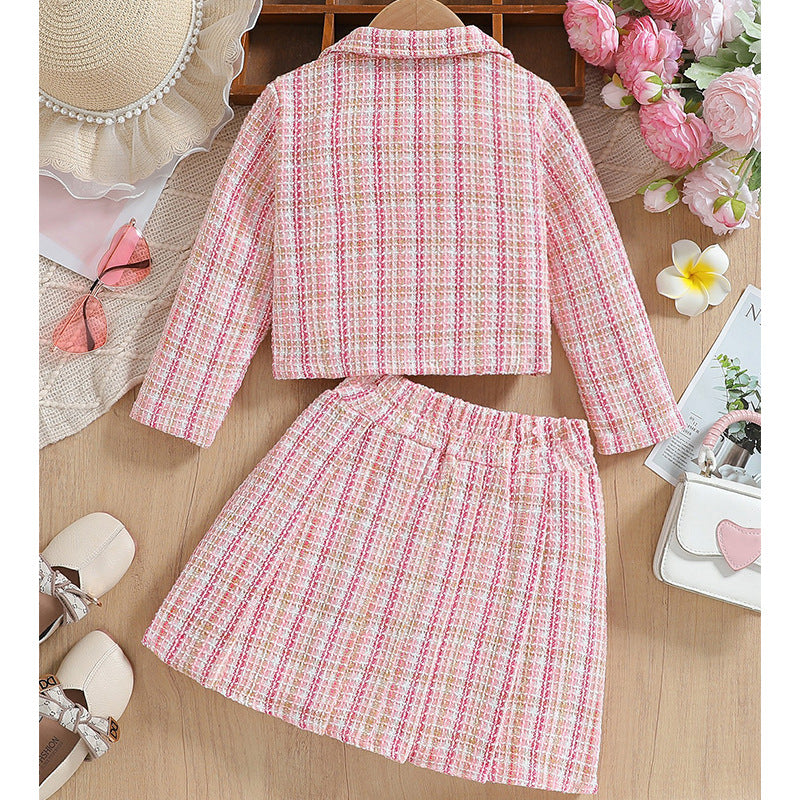 Girls Pink Plaid Tweed Style Skirt Suit Two-Piece Outfit