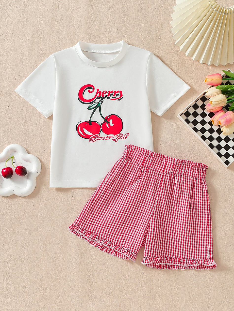 Girls Cherry Print Lace Shorts Set Summer Two-Piece Outfit