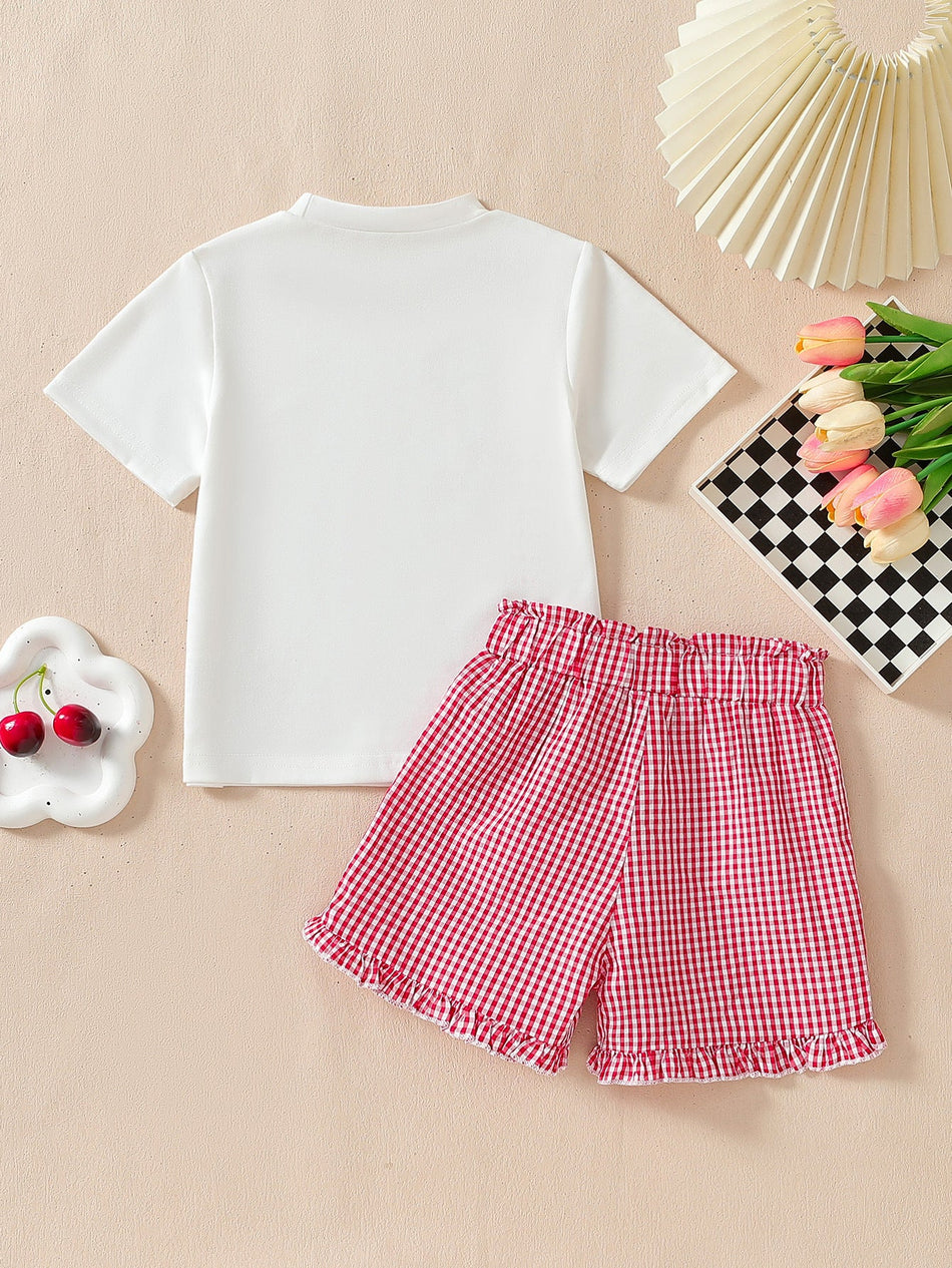 Girls Cherry Print Lace Shorts Set Summer Two-Piece Outfit