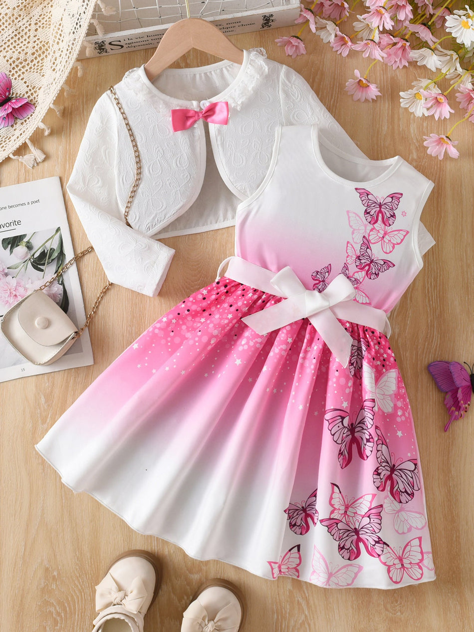 Girls Pink Gradient Butterfly Vest Dress Two-Piece Set