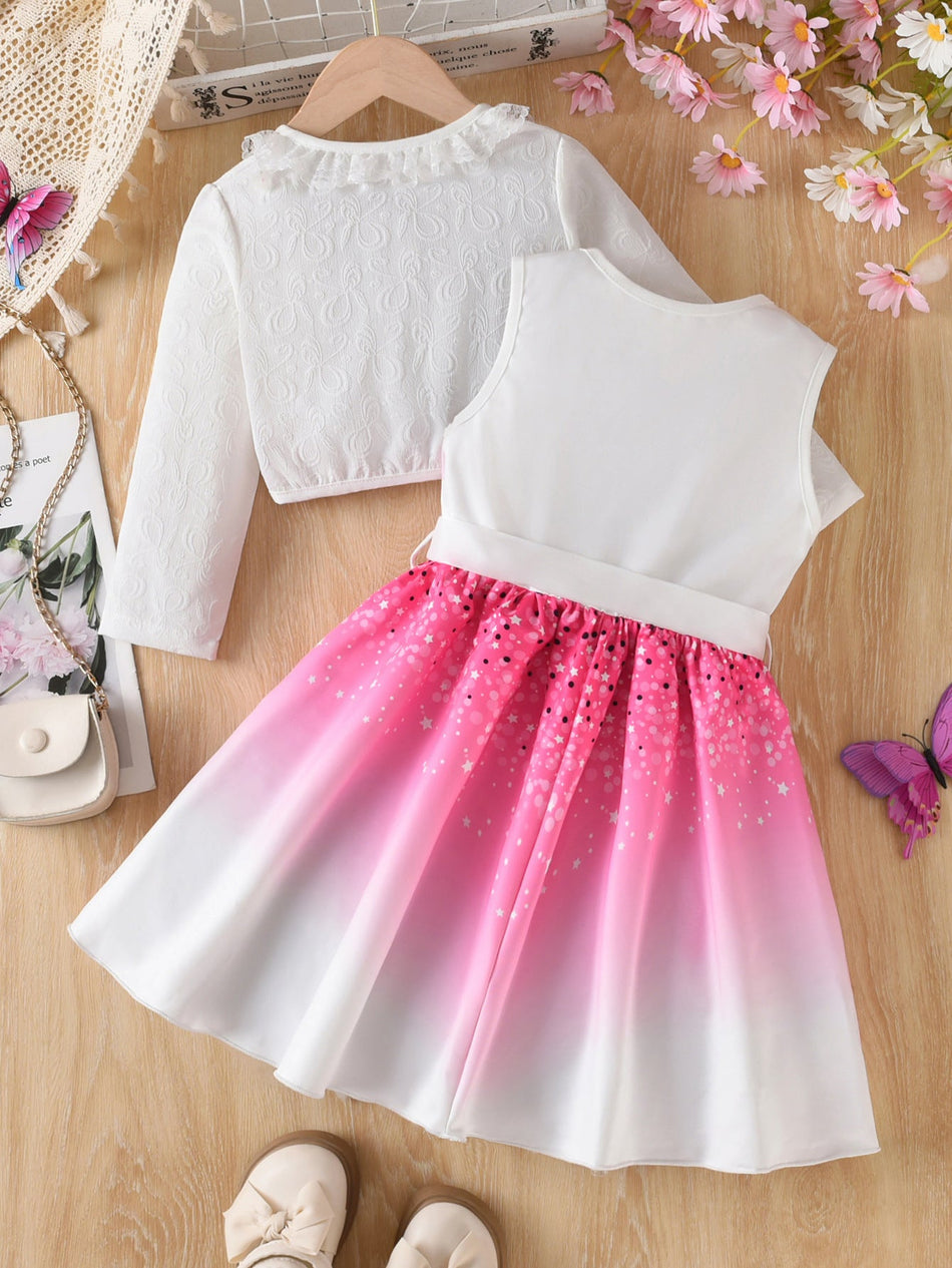 Girls Pink Gradient Butterfly Vest Dress Two-Piece Set