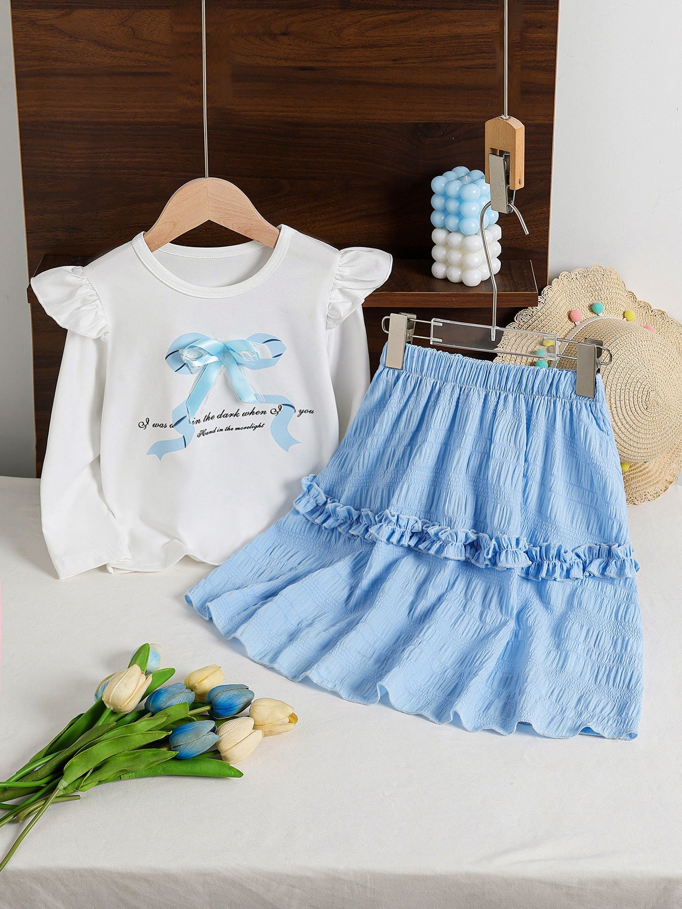 Girls Sky Blue Lace Bow Autumn Skirt Set Two-Piece Outfit