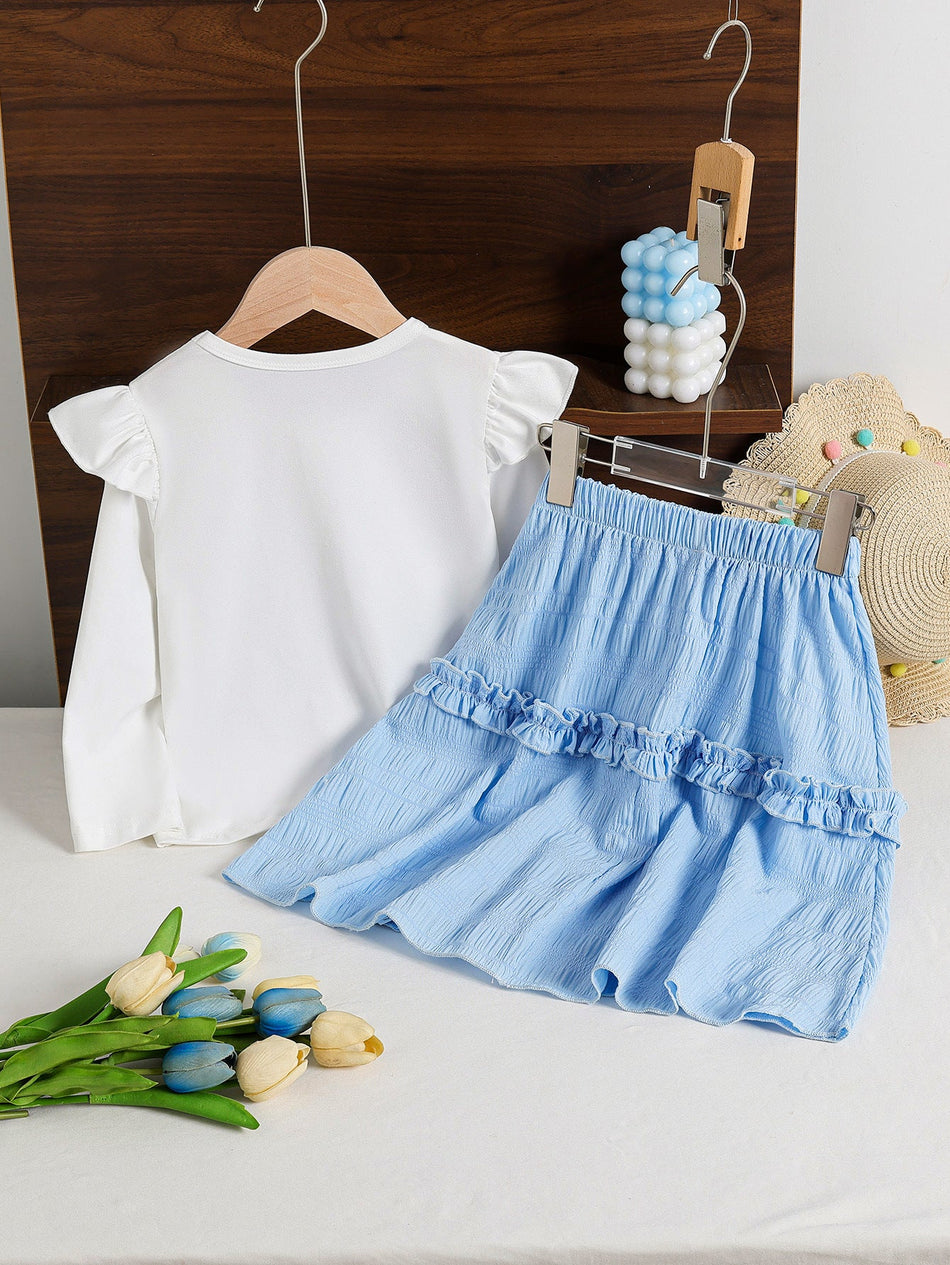 Girls Sky Blue Lace Bow Autumn Skirt Set Two-Piece Outfit