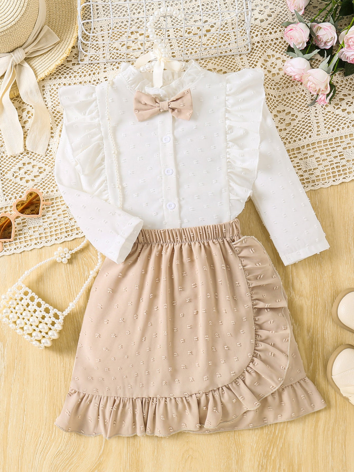 Girls Lace White Shirt Bow Skirt Set Elegant Kids Outfit