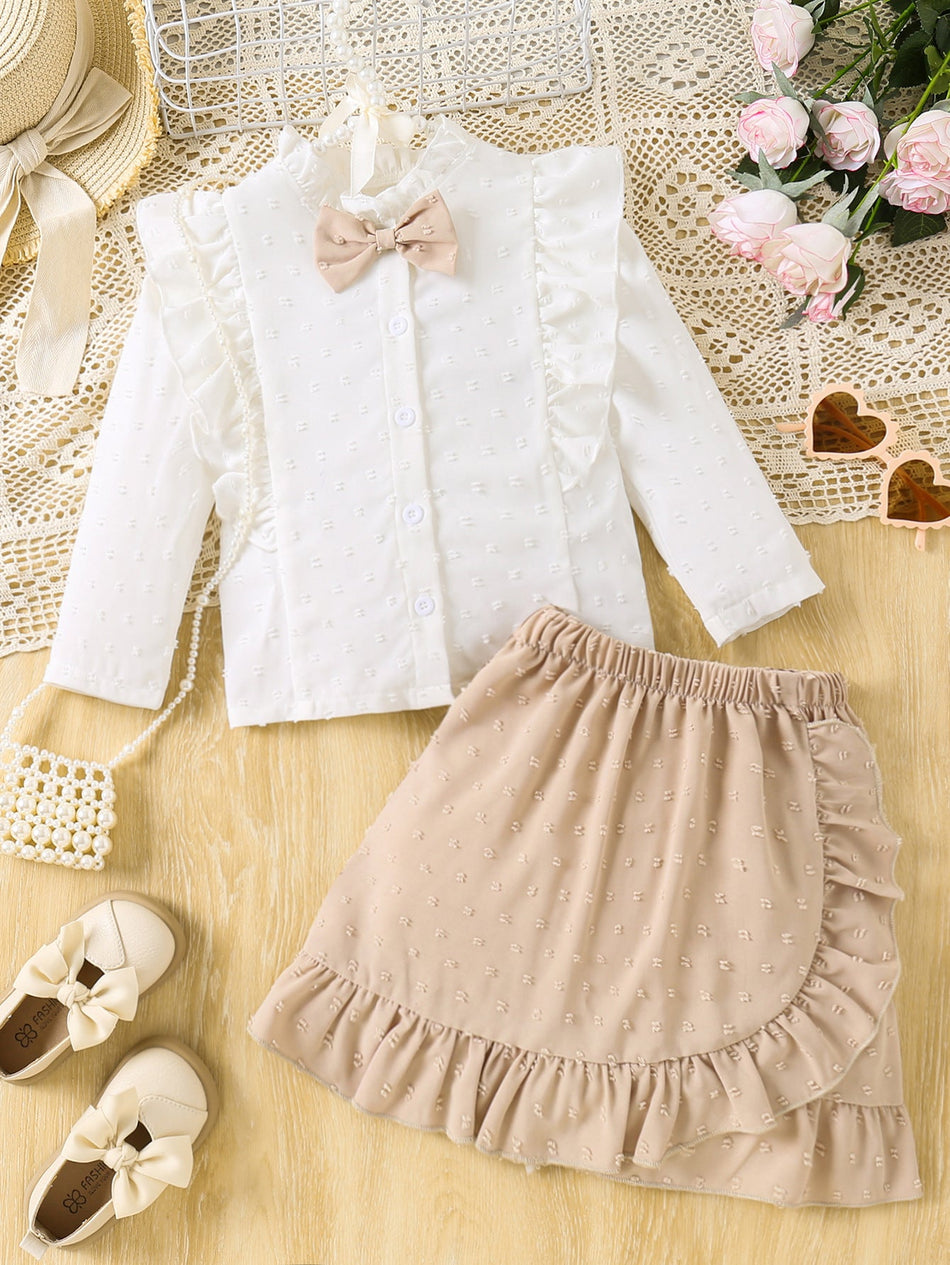 Girls Lace White Shirt Bow Skirt Set Elegant Kids Outfit