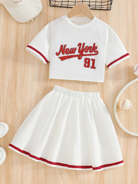 Girls Sporty Letter Print Skirt Set Two Piece Outfit