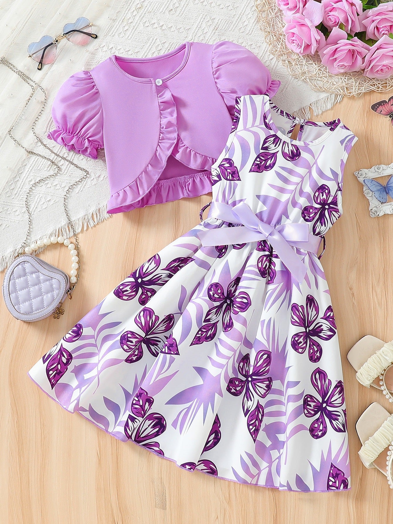 Girls Floral Bow Belt Dress Set Purple A-Line Outfit Kids