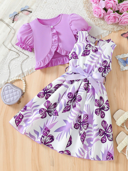Girls Floral Bow Belt Dress Set Purple A-Line Outfit Kids