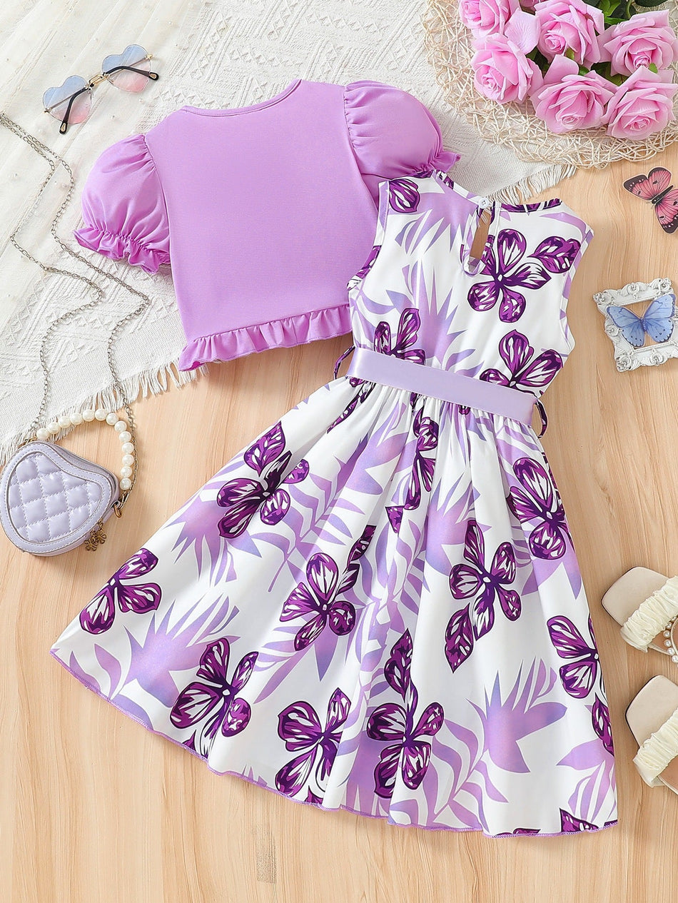 Girls Floral Bow Belt Dress Set Purple A-Line Outfit Kids
