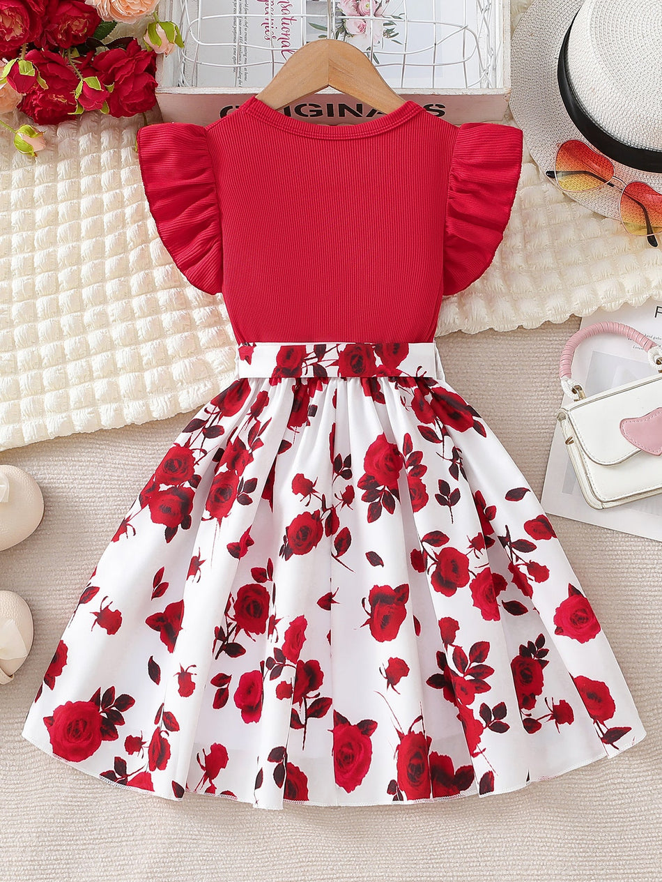 Girls Floral A-Line Princess Dress Red Flying Sleeve Outfit
