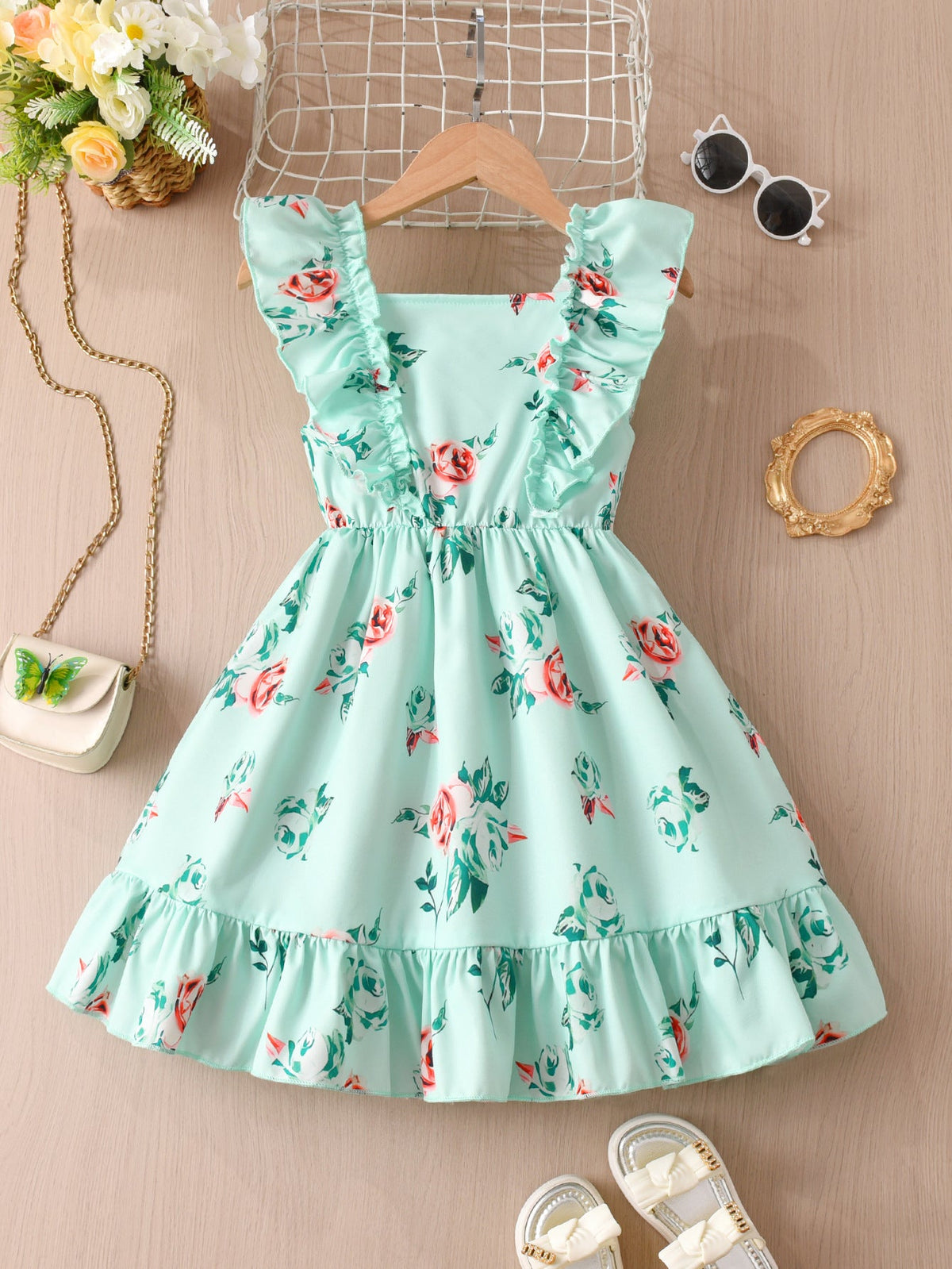 Girls' dress Girls Mint Green Ruffle Off Shoulder A-Line Dress Summer