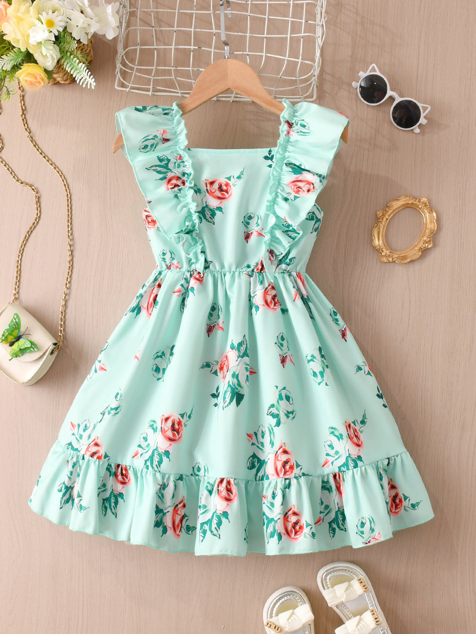 Girls Mint Green Ruffle Off Shoulder A-Line Dress Summer