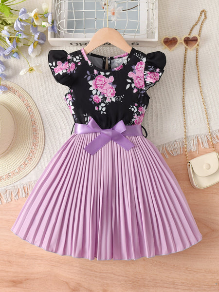 Girls' dress Girls Floral Pleated A-Line Dress Purple Black Sleeve Outfit