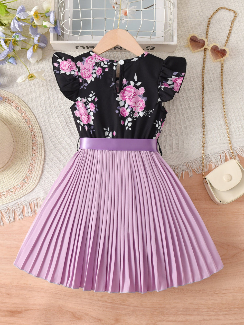 Girls Floral Pleated A-Line Dress Purple Black Sleeve Outfit