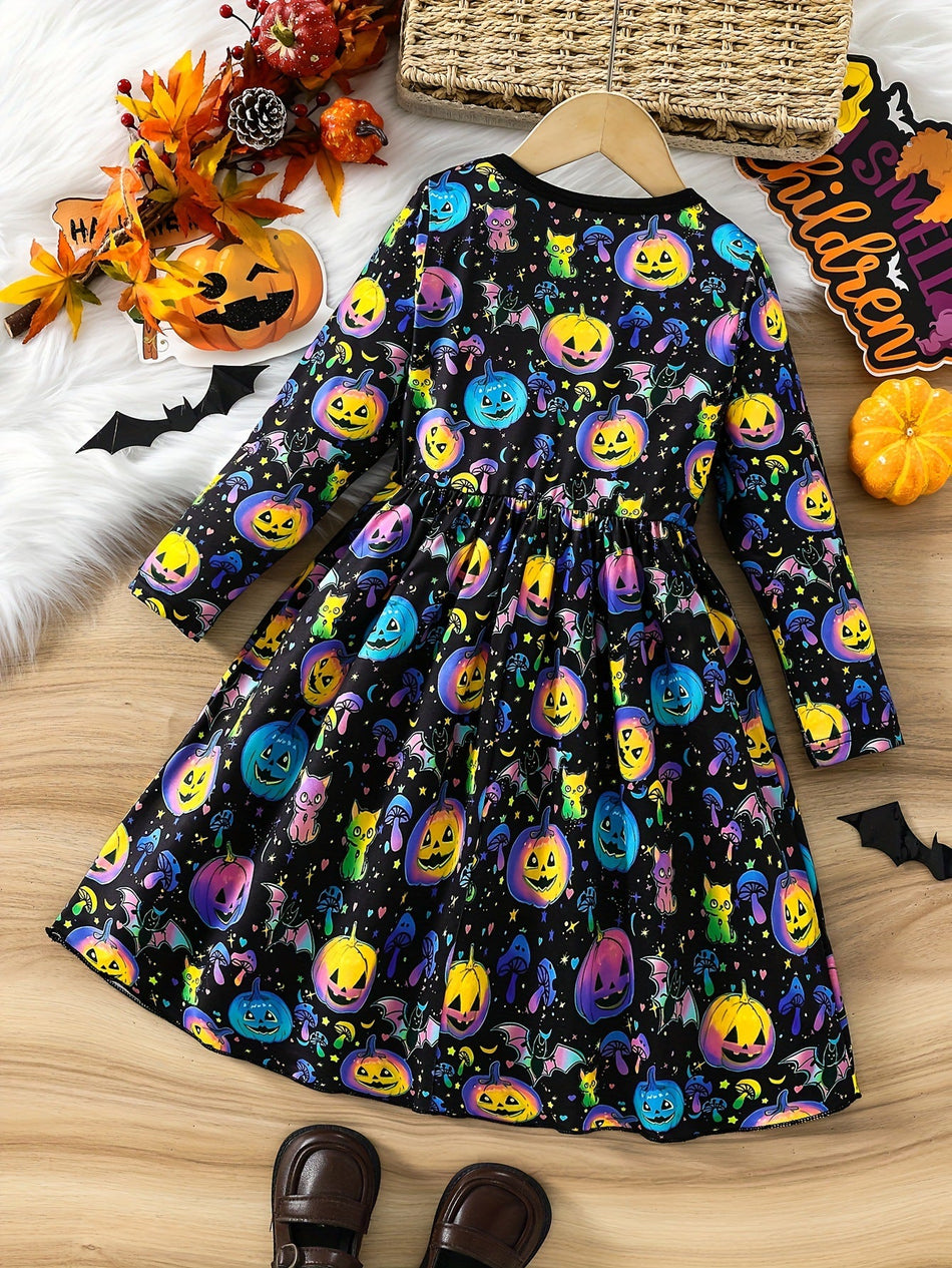 Girls Halloween Pumpkin Print Luminous A-Line Dress Long Sleeve