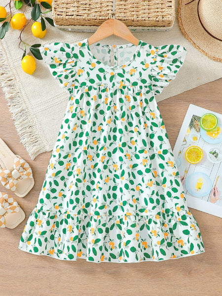 Girls' dress Girls Lemon Print Flutter Sleeve A-Line Summer Dress Kids