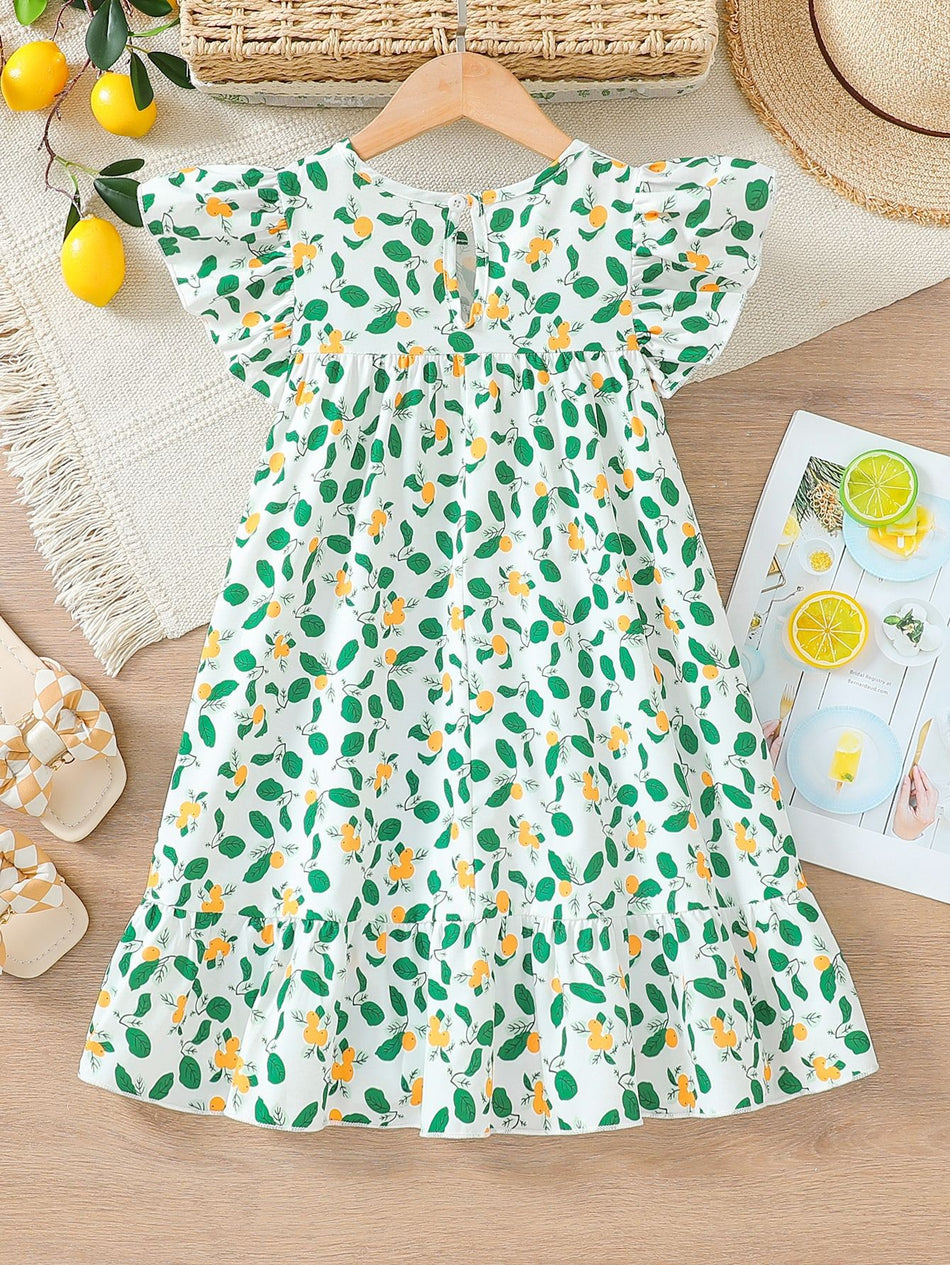 Girls Lemon Print Flutter Sleeve A-Line Summer Dress Kids