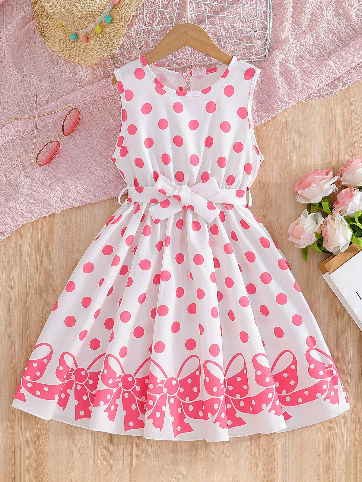 Girls' dress Girls Pink Polka Dot Bow A-Line Sleeveless Summer Dress