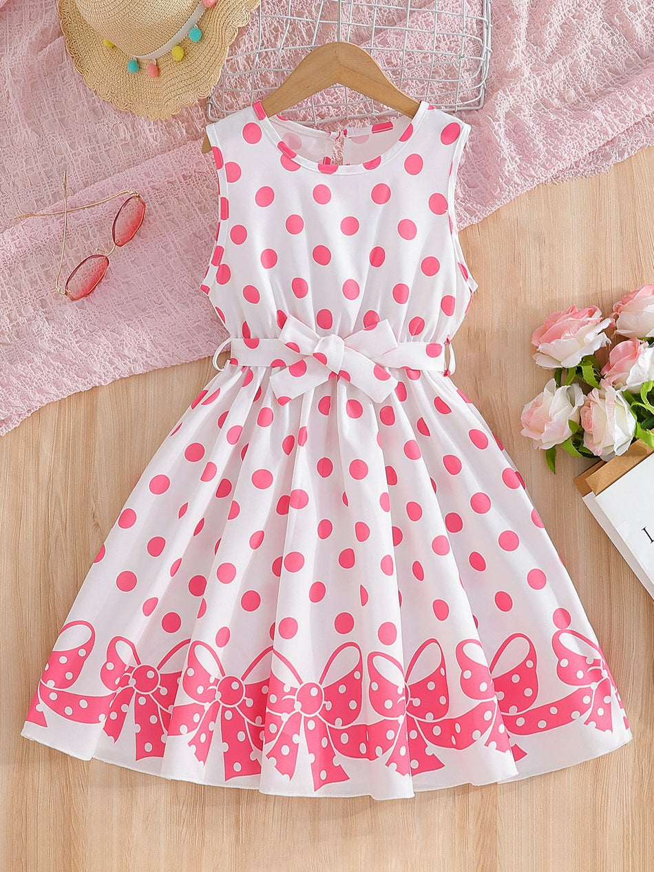 Girls' dress Girls Pink Polka Dot Bow A-Line Sleeveless Summer Dress