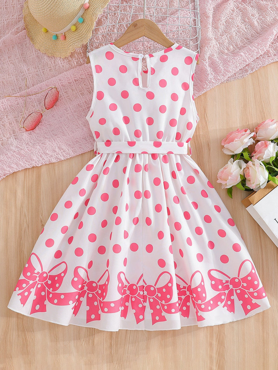Girls Pink Polka Dot Bow A-Line Sleeveless Summer Dress