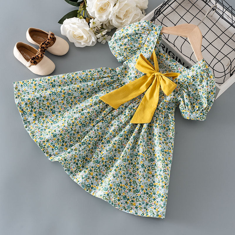 Green Girls Princess A-Line Floral Summer Dress Short Sleeve Kids