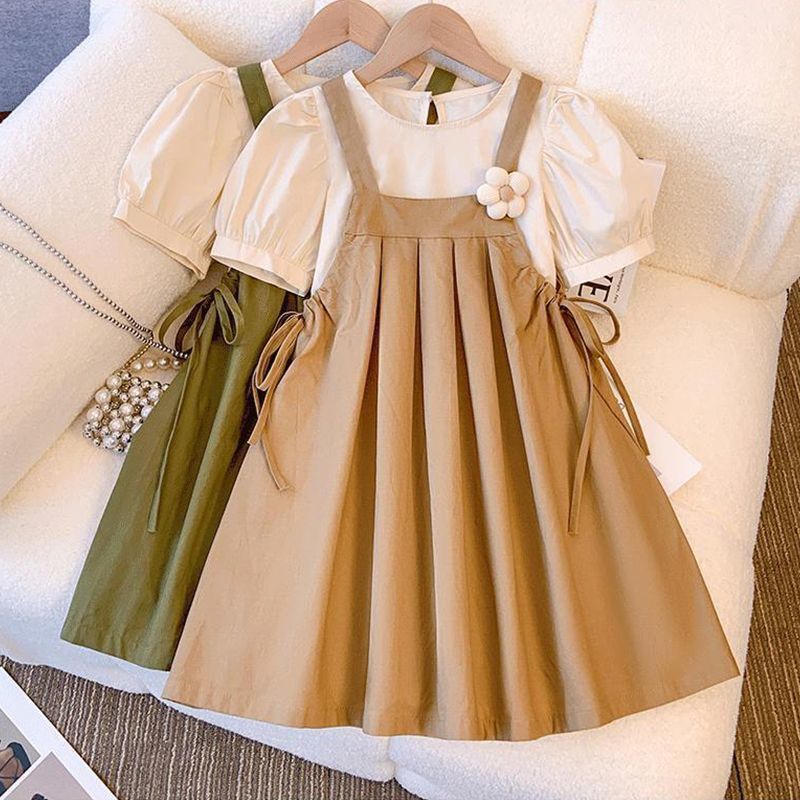 Khaki Girls Princess A-Line Floral Summer Dress Short Sleeve Kids