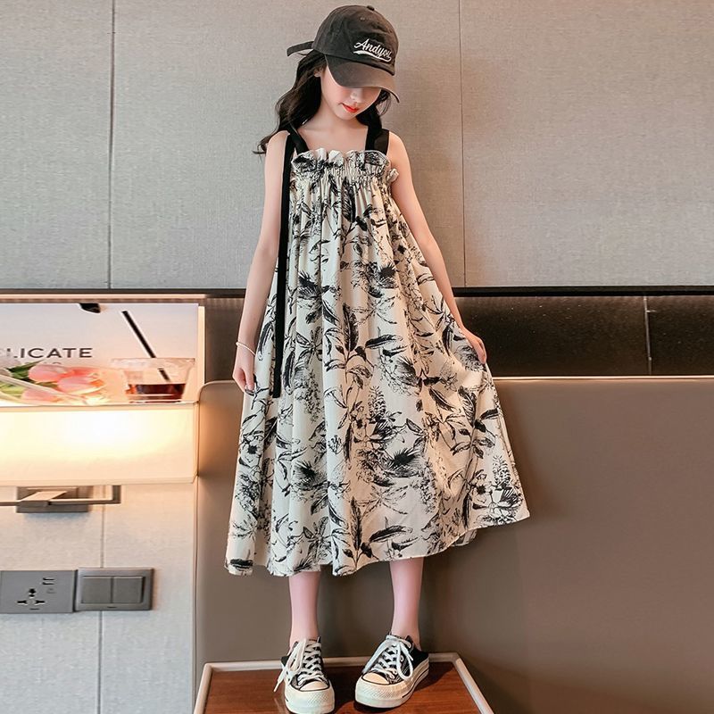 Girls Retro Ink Floral Suspender A-Line Summer Dress Kids