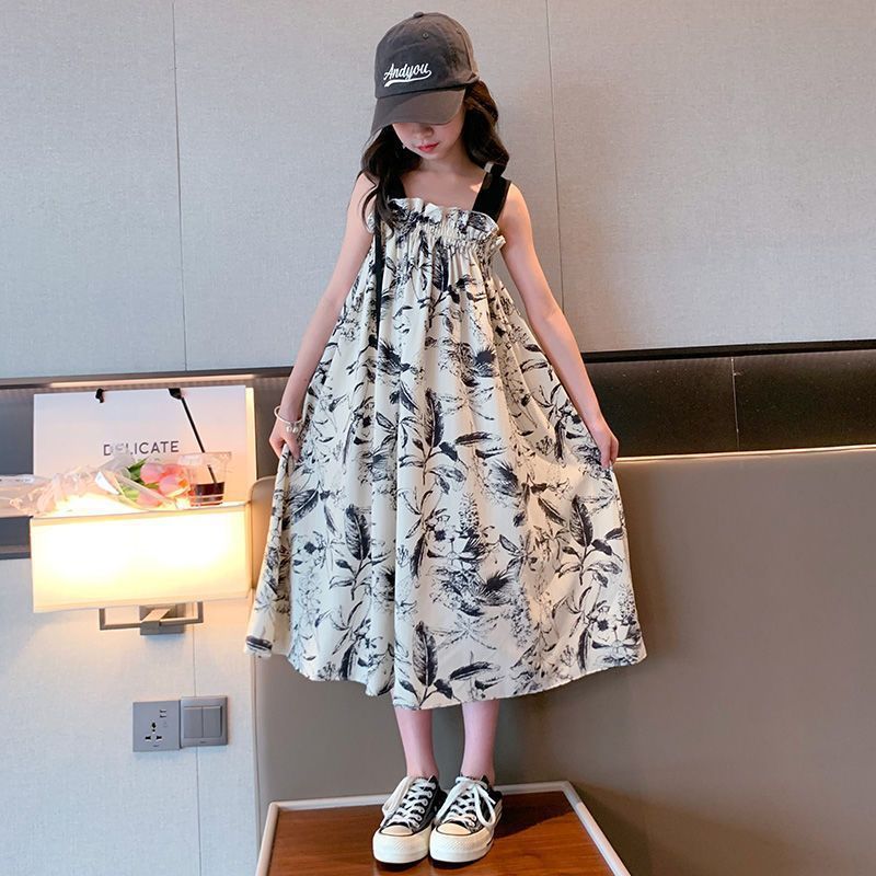 Girls Retro Ink Floral Suspender A-Line Summer Dress Kids