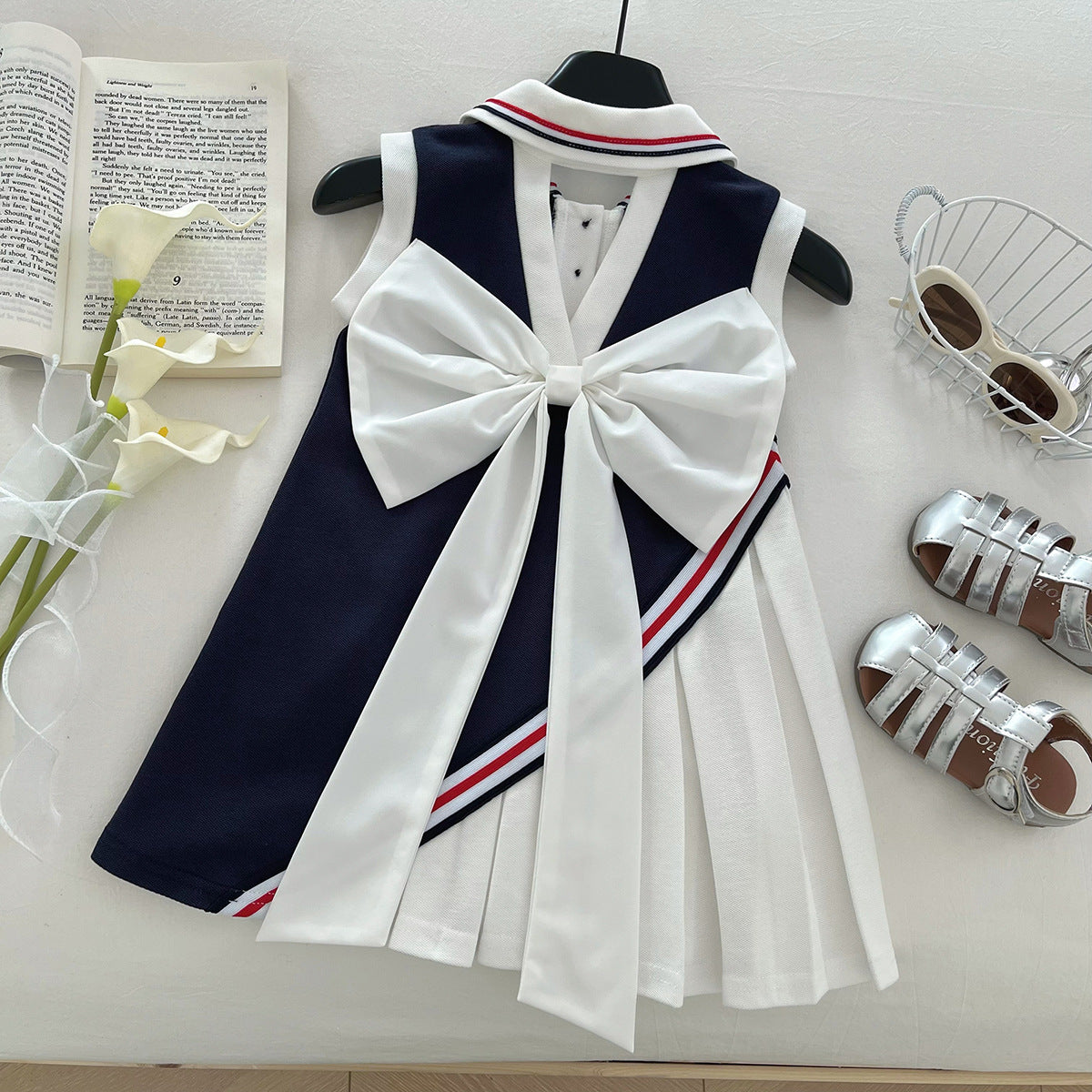 Girls Preppy Sleeveless A-Line Summer Dress Big Bow Kids