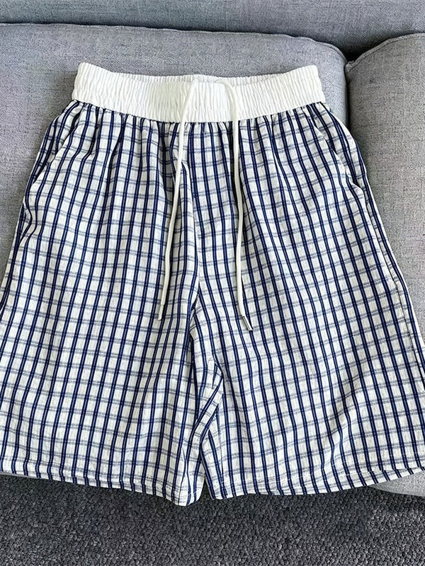 Men Bubble Gauze Plaid Ice Silk Quick Dry Summer Casual Shorts