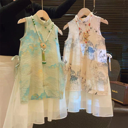 Beige Girls Traditional Hanfu Cheongsam A-Line Summer Dress Kids